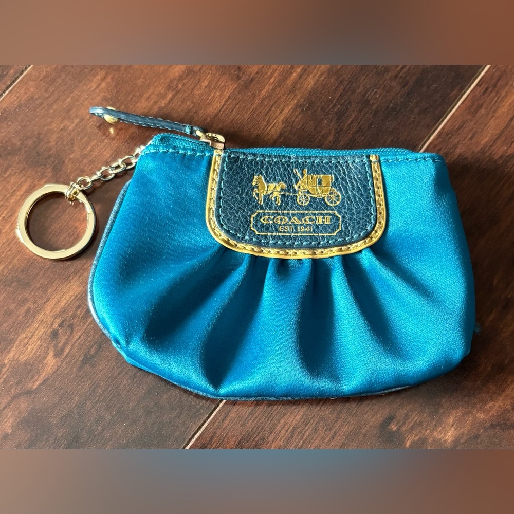 Coach Amanda Teal Satin Mini Skinny Zip Coin Purse